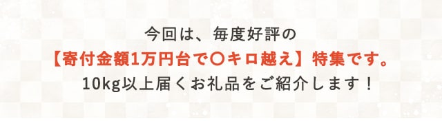 今回は、毎度好評の【寄付金額1万円台で〇キロ越え】特集です。10kg以上届くお礼品をご紹介します！