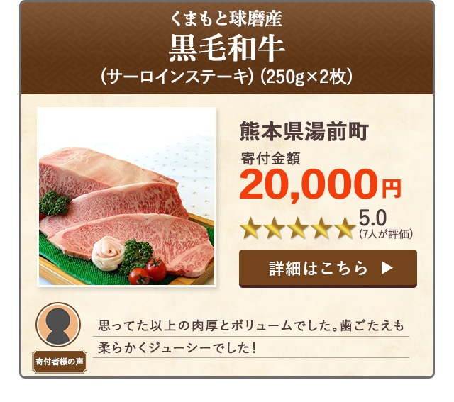 【★５．０(７人が評価)】「くまもと球磨産 黒毛和牛(サーロインステーキ)」(250g×2枚)/熊本県湯前町（寄付金額 20,000円）