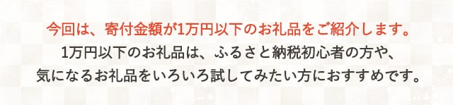今回は、寄付金額が1万円以下のお礼品をご紹介します。1万円以下のお礼品は、ふるさと納税初心者の方や、気になるお礼品をいろいろ試してみたい方におすすめです。