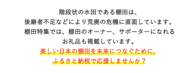 階段状の水田である棚田は、後継者不足などにより荒廃の危機に直面しています。棚田特集では、棚田のオーナー、サポーターになれるお礼品も掲載しています。美しい日本の棚田を未来につなぐために、ふるさと納税で応援しませんか？