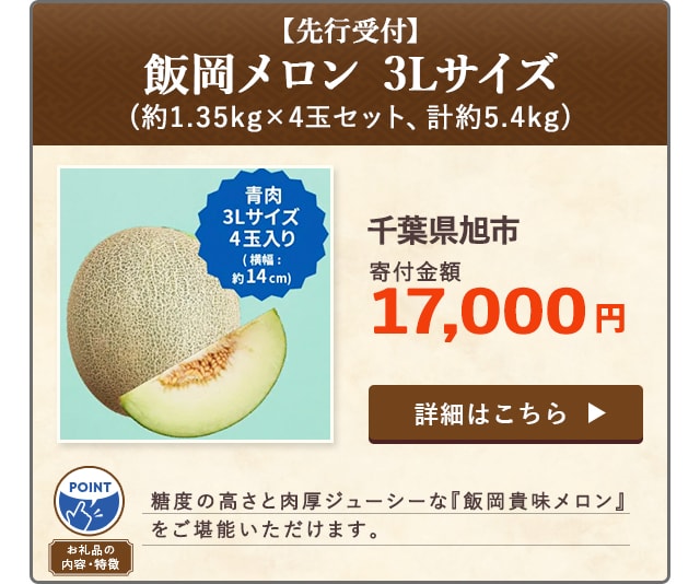 「【先行受付】飯岡メロン 3Lサイズ」(約1.35kg×4玉セット、計約5.4kg)/千葉県旭市（寄付金額 17,000円）
