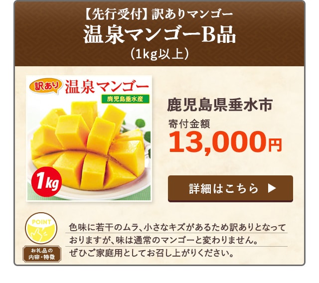 「【先行受付】訳ありマンゴー 温泉マンゴーB品」(1kg以上)/鹿児島県垂水市（寄付金額 13,000円）