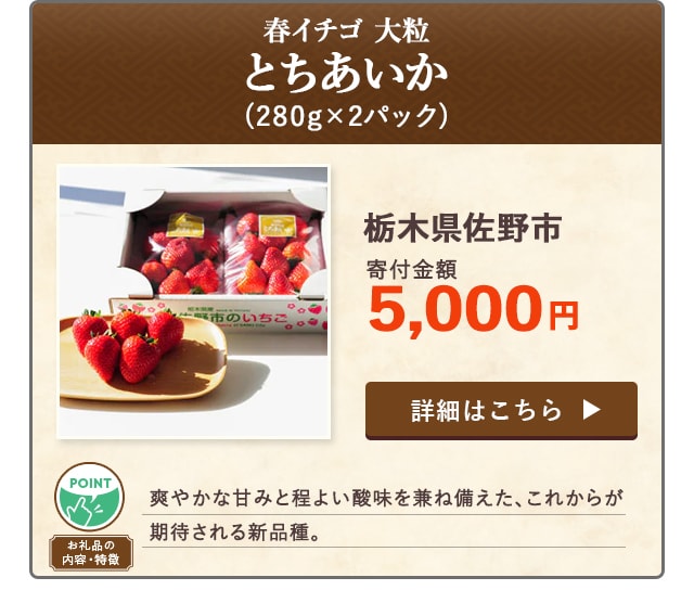 「春イチゴ 大粒『とちあいか』」(280g×2パック)/栃木県佐野市（寄付金額 5,000円）