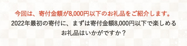 今回は、寄付金額が8,000円以下のお礼品をご紹介します。2022年最初の寄付に、まずは寄付金額が8,000円以下のお礼品で楽しめるお礼品はいかがですか？