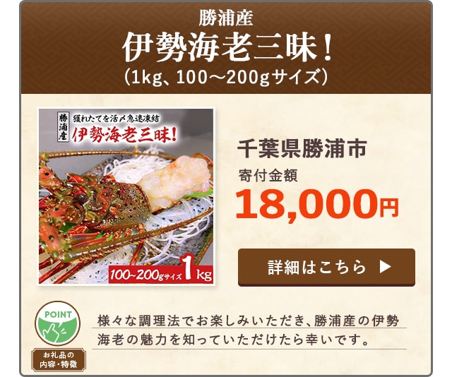 「勝浦産 伊勢海老三昧！」(1kg、100～200gサイズ)/千葉県勝浦市（寄付金額 18,000円）