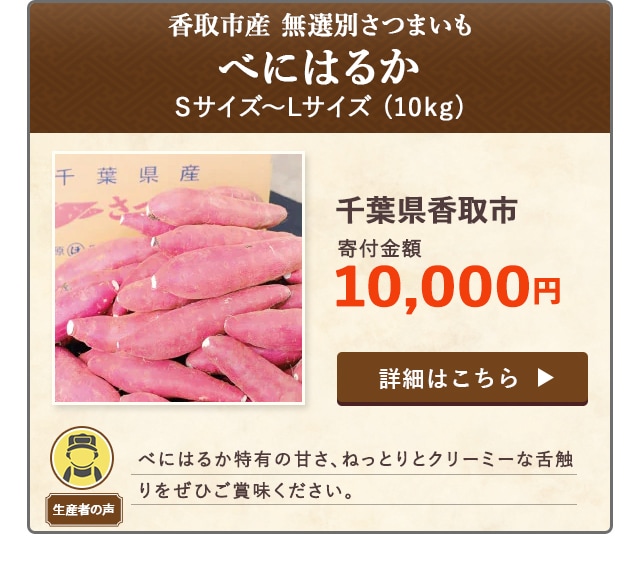「香取市産 無選別さつまいも『べにはるか』Sサイズ〜Lサイズ」(10kg)/千葉県香取市（寄付金額 10,000円）
