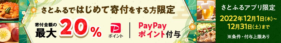 2022年12月 さとふるではじめて寄付をする方限定!寄付金額の最大20%PayPayポイント付与