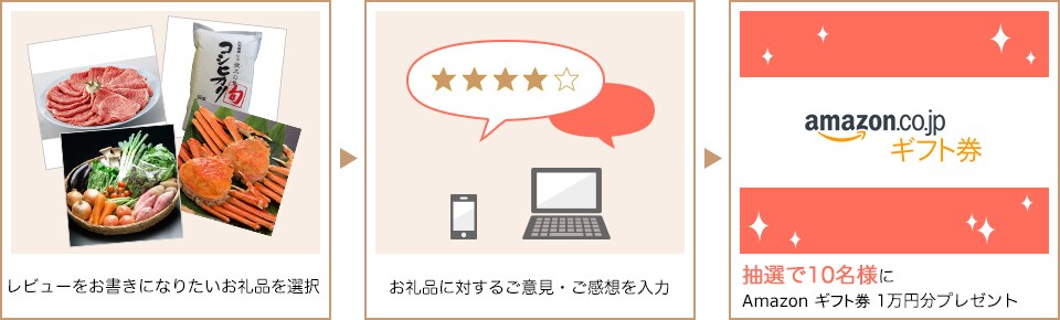 レビューをお書きになりたいお礼品を選択 お礼品に対するご意見・ご感想を記入 抽選で10名様にAmazonギフト券10,000円分プレゼント