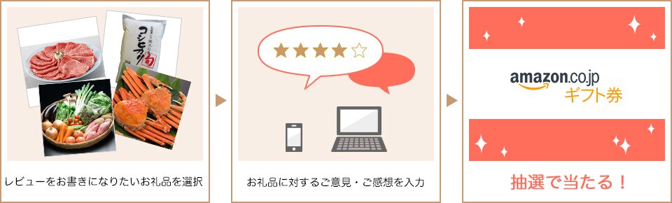 レビューをお書きになりたいお礼品を選択 お礼品に対するご意見・ご感想を記入 抽選で当たる!