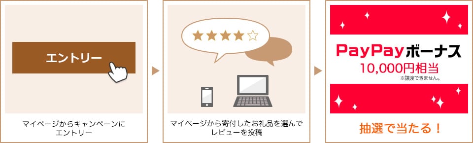 マイページからキャンペーンにエントリー マイページから寄付したお礼品を選んでレビューを投稿 抽選で当たる!