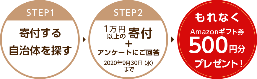 キャンペーン期間中にさとふるで新規に会員登録された方および会員登録後一度も寄付の経験がない方を対象に、1回の申込みで1万円以上の寄付及びアンケートにご回答いただいた方全員にAmazonギフト券500円分をプレゼント！