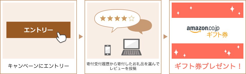 キャンペーンにエントリー 寄付受付履歴から寄付したお礼品を選んでレビューを投稿 Amazonギフト券をプレゼント!