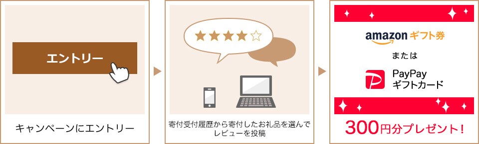 キャンペーンにエントリー 寄付受付履歴から寄付したお礼品を選んでレビューを投稿 Amazonギフト券またはPayPayギフトカード300円分プレゼント!