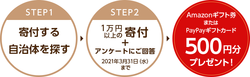「STEP1：寄付する自治体を探す」→「STEP2：1万円以上の寄付＋アンケートにご回答（2021年3月31日（水）まで）」→「Amazonギフト券またはPayPayギフトカード500円分プレゼント！」