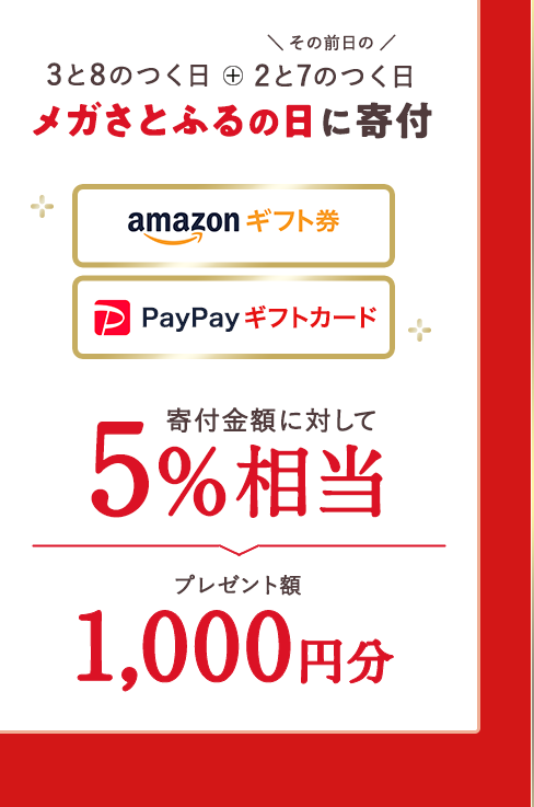 メガさとふるの日に寄付:寄付金額に対して5%相当
