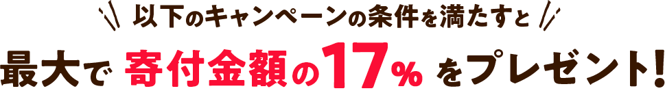 以下のキャンペーンの条件を満たすと最大で寄付金額の17%をプレゼント！