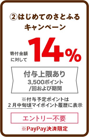 ②はじめてのさとふるキャンペーン：14%（付与上限あり）