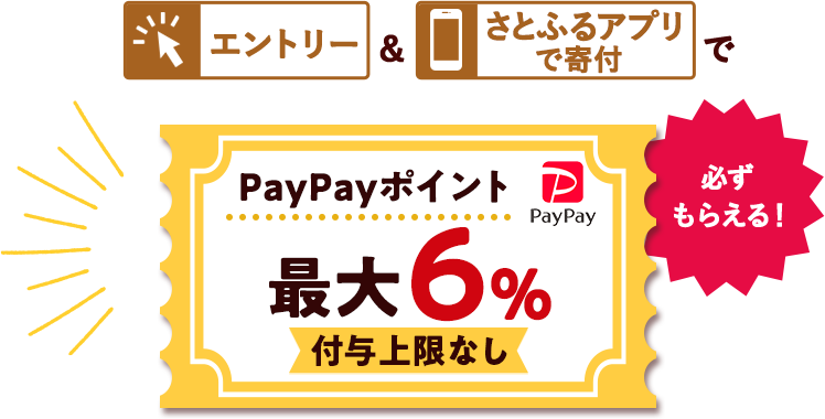 エントリー&さとふるアプリで寄付で最大6%(付与上限なし)のPayPayポイントが必ずもらえる!