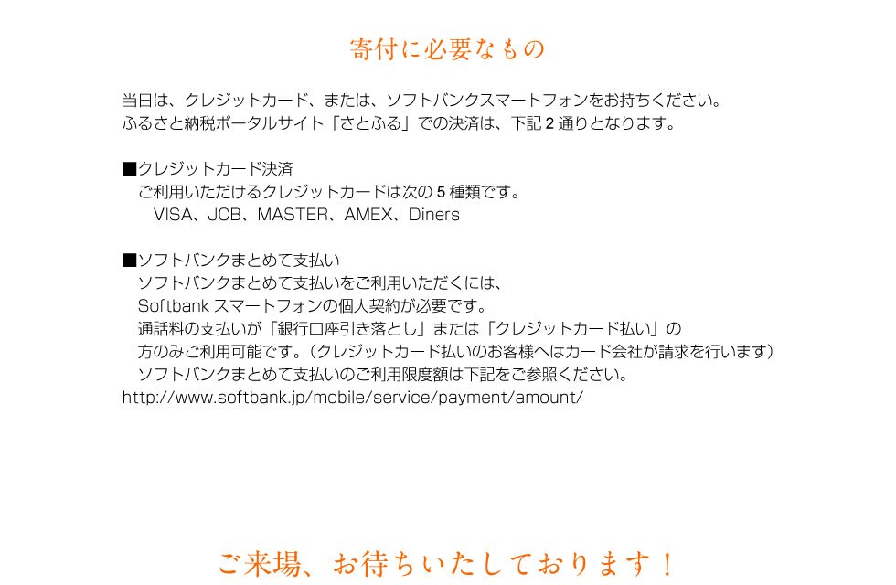 寄付に必要なもの ふるさと納税ポータルサイト「さとふる」を利用した寄付は、クレジットカード決済、又は、ソフトバンクスマートフォン(ソフトバンクまとめて支払)での決済となります。当日は、下記のどちらかをお持ちください。