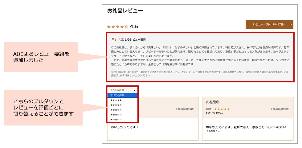 AIによるレビュー要約を追加しました。こちらのプルダウンでレビューを評価ごとに切り替えることができます。