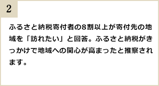 2.ふるさと納税寄付者の8割以上が寄付先の地域を「訪れたい」と回答。ふるさと納税がきっかけで地域への関心が高まったと推察されます。