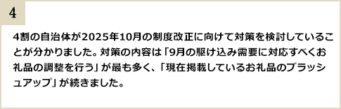 4割の自治体が2025年10月の制度改正に向けて対策を検討していることが分かりました。対策の内容は「9月の駆け込み需要に対応すべくお礼品の調整を行う」が最も多く、「現在掲載しているお礼品のブラッシュアップ」が続きました。
