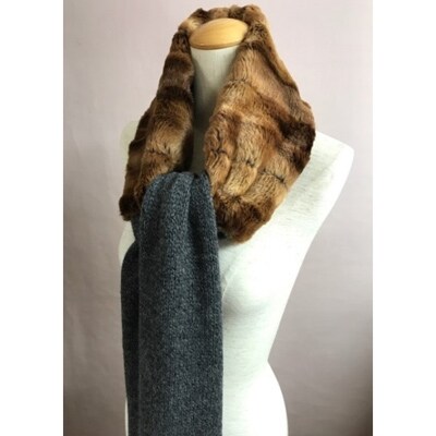 OKADA TEXTILEエコファーニットストール(グレー×キャメルファー)