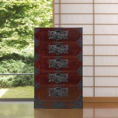 仙台箪笥 　立長五段箪笥　拭き漆塗り(お申込書返送後1ヵ月～6ヵ月程度でお届け)