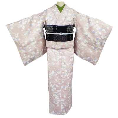 車いす用着物レンタル3日間【小紋:桃色  桜 紅葉柄　太鼓帯:黒色  格子柄(草履付き)】