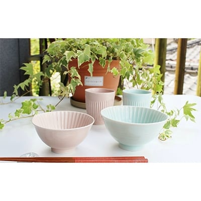 【波佐見焼】一龍陶苑　しのぎ茶碗・コップセット CC04