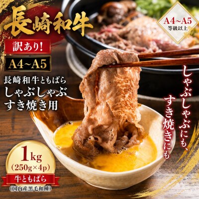 訳あり!【A4～A5】長崎和牛ともばらしゃぶしゃぶすき焼き用 1kg(250g×4p)