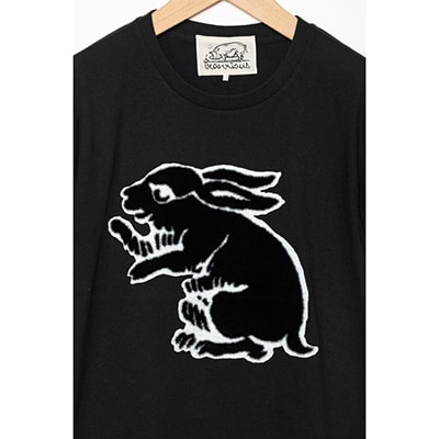 【beanxious(ビーアンキシャス)】直植毛フロッキーTシャツ　ウサギ黒　(Lサイズ)