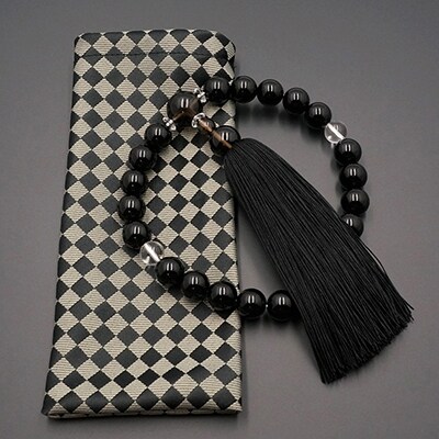 【神戸珠数店】〈京念珠〉モダン念珠 黒オニキス/水晶/茶水晶 男性用数珠【数珠袋付き】|京都 念珠