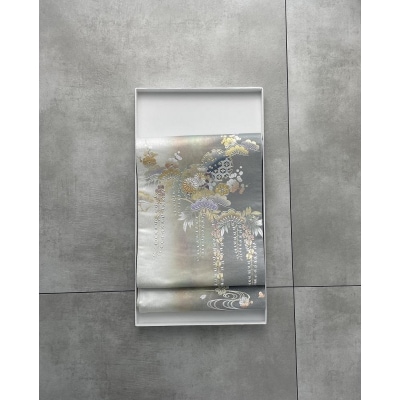 【光映工芸】京都発!伝統工芸品　袋帯(雪輪松藤 グレー地 引箔) ≪着物・訪問着の格式を上げる帯≫
