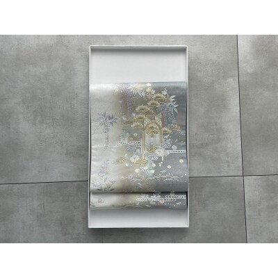 【光映工芸】京都発!伝統工芸品　袋帯(正面御所車 銀地 グレー引箔)≪着物・訪問着の格式を上げる帯≫