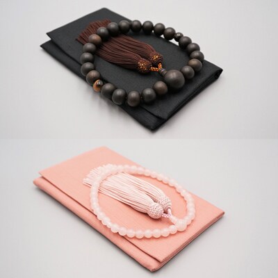 【神戸珠数店】〈京念珠〉 縞黒檀 虎眼石入り 紅水晶 男性用数珠/女性用数珠セット【数珠袋2枚付き】