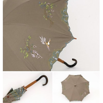 【シノワズリーモダン京都】女優日傘プレミアム 花鳥刺繍かわず張り晴雨兼用日傘(カーキ)