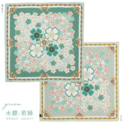 【佐々木染工】 京友禅スカーフ シルク100% <桜七宝　水縹/若緑(グリーン)>