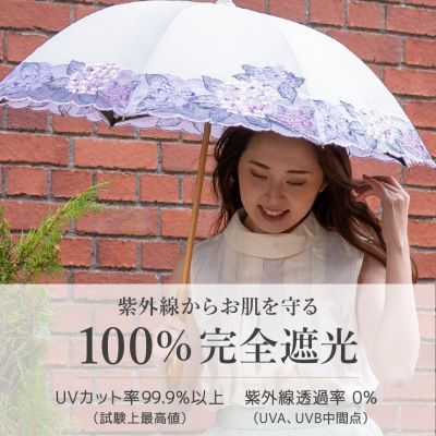 【シノワズリーモダン京都】女優日傘プレミアム 紫陽花オーガンジー刺繍 かわず張り長日傘 ベージュ2