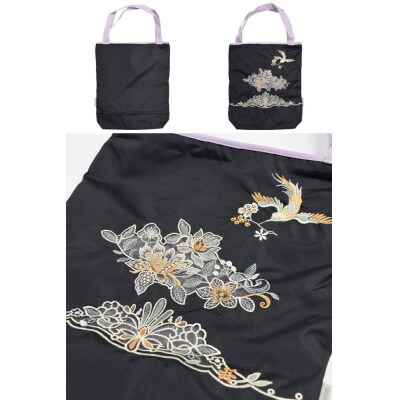 【シノワズリーモダン京都】花鳥オーガンジーカットワーク刺繍 防水・撥水トートバッグ ブラック