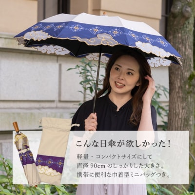 【シノワズリーモダン京都】瑞雲オーガンジーカットワーク刺繍かわず張りショート折りたたみ日傘 ネイビー