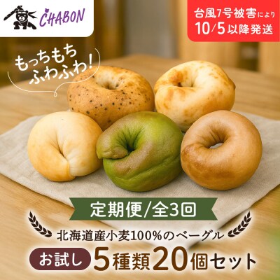 <3ヶ月定期便>【CHABON】北海道産小麦100%のベーグルお試し5種20個セット