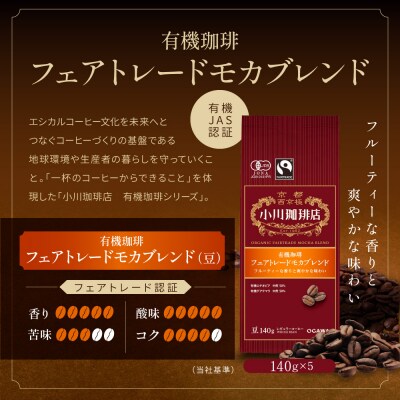 小川珈琲直営店 有機珈琲 フェアトレードモカブレンド(豆)140g×5個|京都 コーヒー 人気
