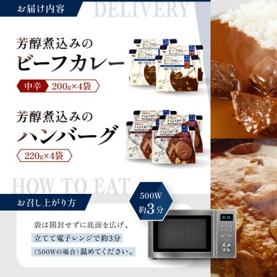 神戸開花亭 芳醇煮込みのビーフカレー<中辛>とハンバーグ 2種8袋セット|京都 有名店 洋食 人気