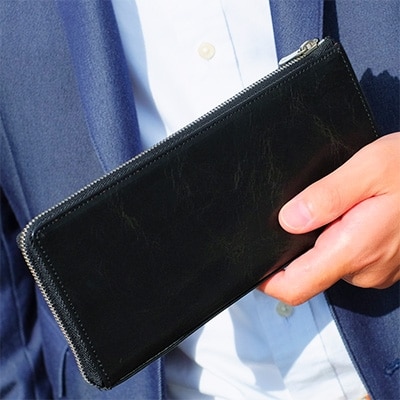 【TAVARAT】日本製 薄マチ仕上げの本革L字長財布 ブラック H120