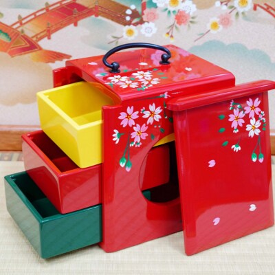 【昔なつかし】3段重ねの木製お弁当箱「遊山箱」(桜柄・青色)【DK008VC02】