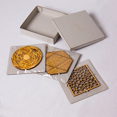 木製コースター3枚セット-LEAF,WAVE,STONE