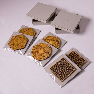 木製コースター6枚セット-LEAF,WAVE,STONE