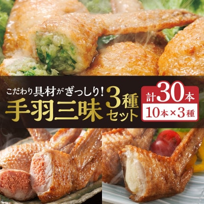 【宮崎製造】手羽三昧3種セット(手羽先餃子・手羽先明太・手羽先チーズ、各10本入り)