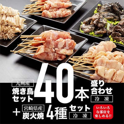 九州産若鶏　焼き鳥セット4種(40本)盛り合わせ(冷凍)&宮崎県産炭火焼4種セット(冷凍)